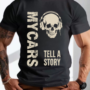 Men Skull Headphones Mycars Tell A Story Vintage Graphic Casual Short Sleeve Tee