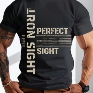 Men Iron Sight Slogan Printed Crew Neck Short Sleeve Tactical Outdoor Casual T-Shirt