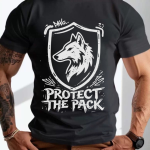 Wolf Shield Protect The Pack Graphic Men Casual Crew Neck Outdoor Short Sleeve Tee Shirt