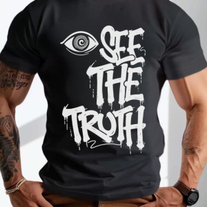 Eye See The Truth Distressed Letter Print Men Crew Neck Casual Streetwear T Shirt