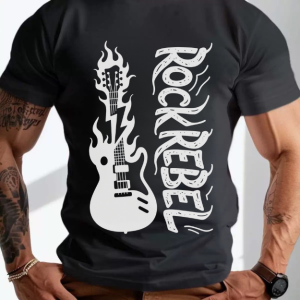Rock Rebel Electric Guitar Graphic Print Men Retro Rock Music Casual Short Sleeve Tee