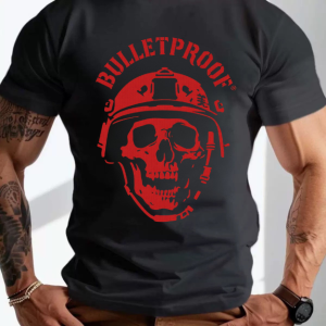 Men Bulletproof Red Skull Helmet Graphic Print Crew Neck Tactical Outdoor Casual Short Sleeve T-Shirt