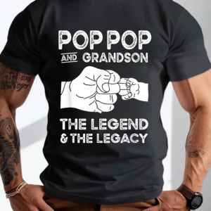 Pop Pop Best Grandson Fist Bump Graphic Men Grandpa Gift Casual Short Sleeve Crew Neck T-Shirt